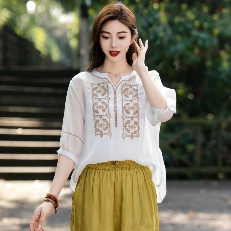 Literary Heavy Industry Embroidery V-neck Embroidered Solid Color Cotton and Linen Shirt Sun Protection Shirt Summer Three-quarter Sleeve Thin Top