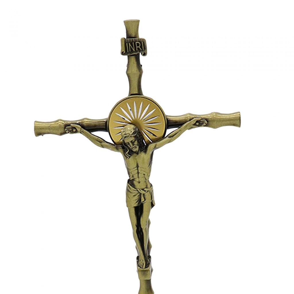 Stojící kříž s podstavcem Socha Kovový Církevní Náboženský Kříž Socha Nástěnný Kříž pro Den Díkůvzdání Police Domov Domácí Dekorace