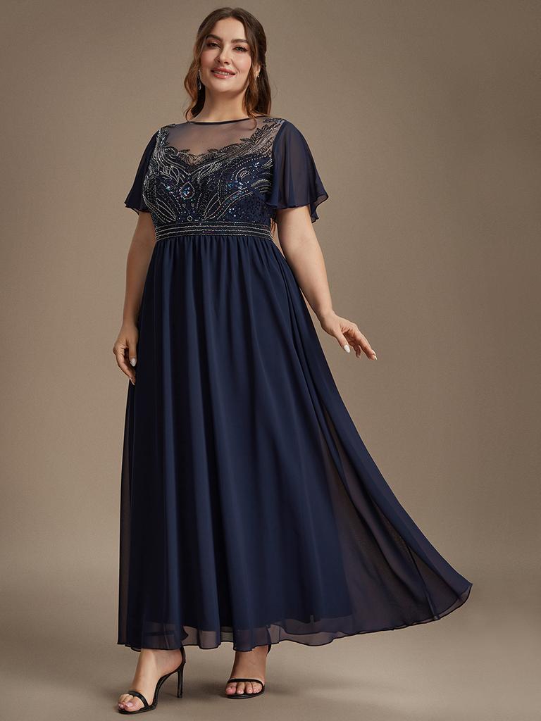 Ever-Pretty Damen Übergröße Perlenbesetztes A-Linien Maxikleid mit Fledermausärmeln Formelles Kleid mit Illusion Halsausschnitt