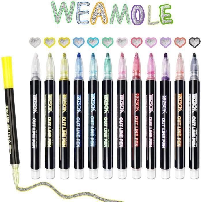 Stylos acryliques - Tomorotec - Lot de 12 - Imperméables - Multicolores - Double ligne