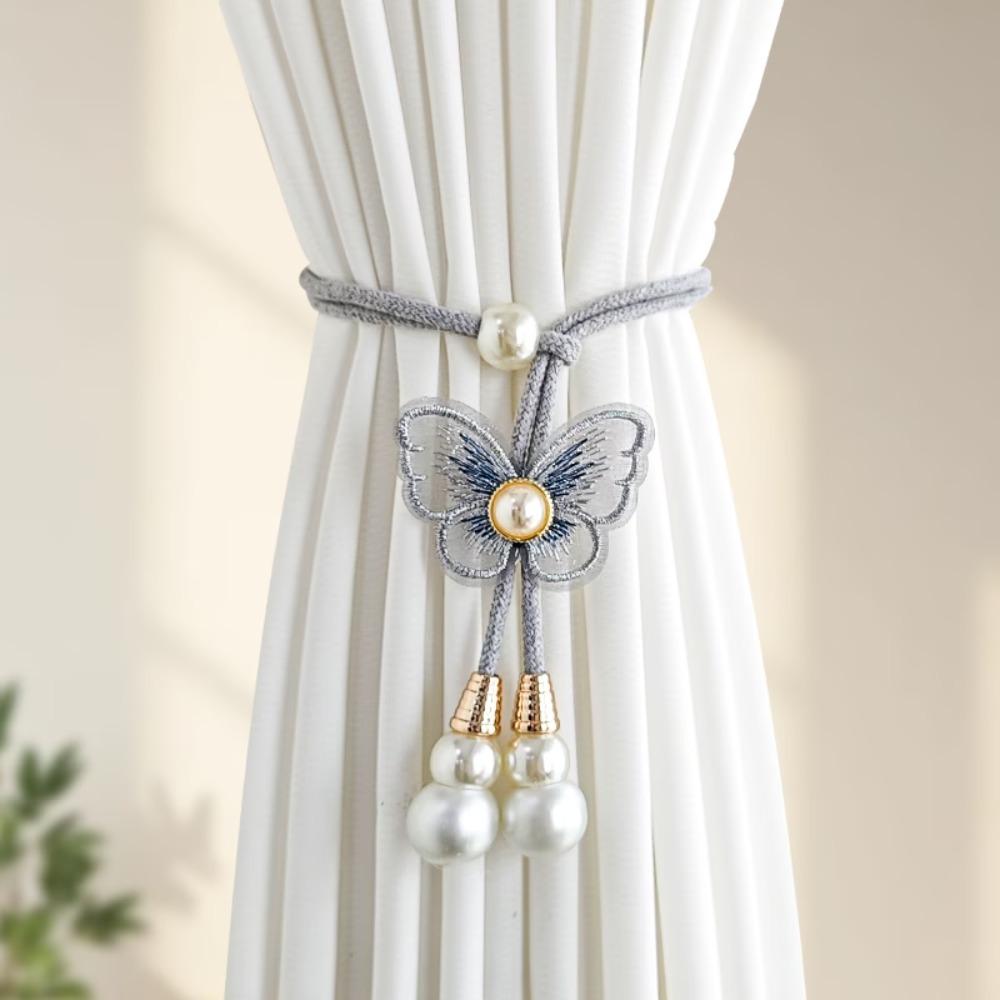 2PCS Curtain Holder Butterfly Curtain Tiebacks Artificial Pearl Curtains Tie Rope Living Room
