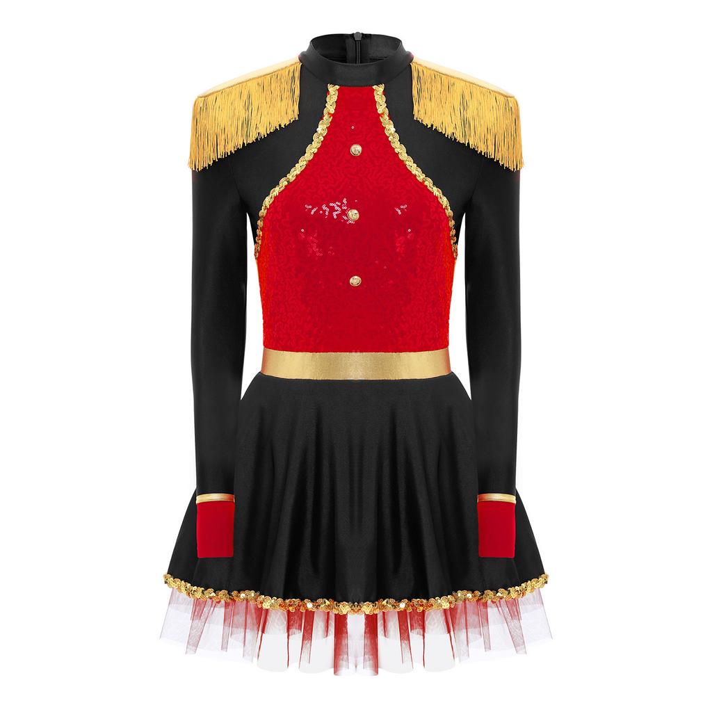 Women Circus Ringmaster Bodysuit Dress Long Sleeves Fringe Shoulder Patches Sparkly Sequins Halloween Costume