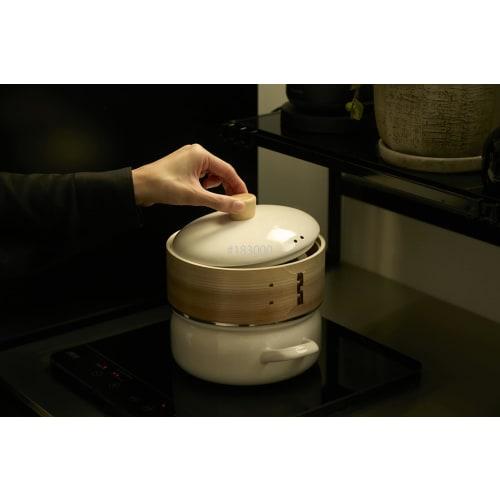 Fuji Enamel Pot with Steamer, 18cm, Greige, SER-18W.GG