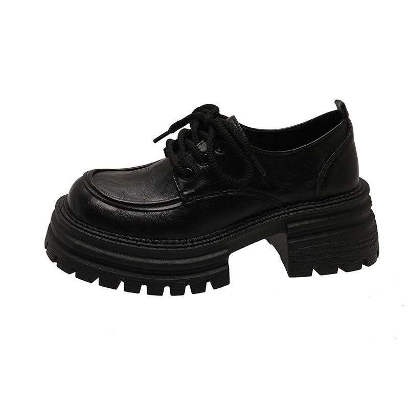 Plateau-Loafer Damen Frühjahr 2025 neu Britischer Stil Schnürschuhe kleine Lederschuhe schwarz Muffin Einzelschuhe ein Pedal