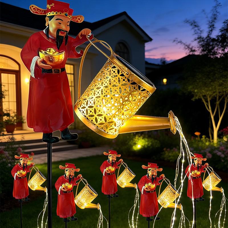 Retro Wrought Iron Solar Kettle Lamp with Copper Coin Design for Outdoor Courtyard Decor
