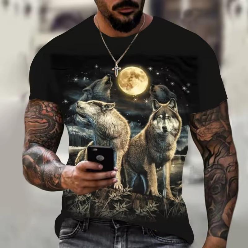 Animal Wolf Print T Shirt for Men Summer Polyester Round Neck Loose Short Sleeve Streetwear Oversized T-shirts Casual Tops Tees