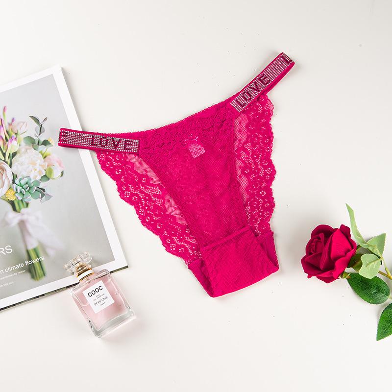 Hot Diamond Sexy Lace Underwear Women's Double Belt Thongs Diamond Decoration Hot Simple Breathable Hollow Lightweight Bikini Panties