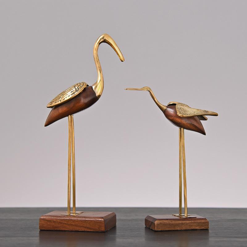 Wooden Pot Ornament Crane Bird Swan Simulation Animal Sculpture Brass Metal Sculpture Home Decoration Decorative Figurines