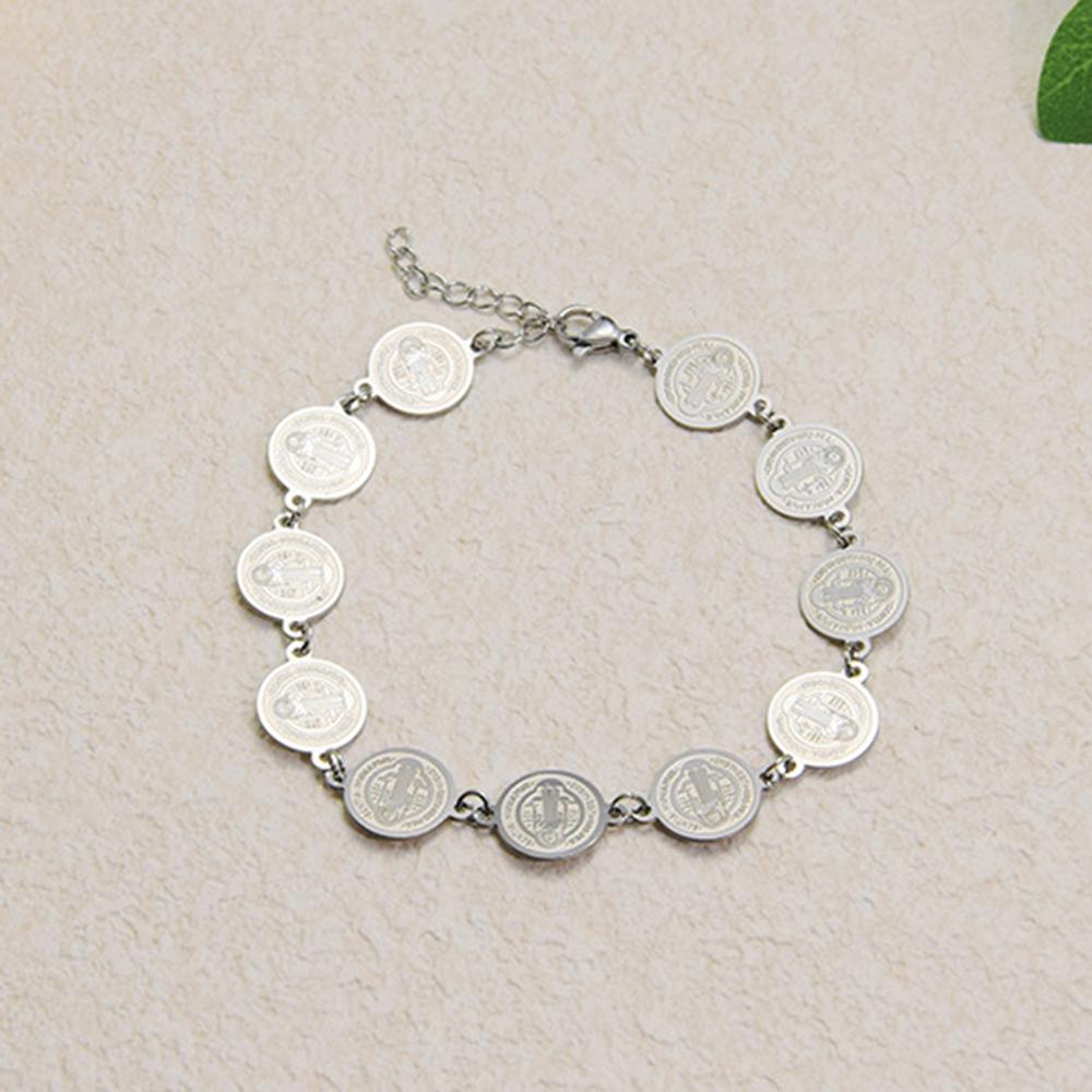 Double-sided Saint Benedict Exorcism Cross Charm Bracelet For Women Men Stainless Steel Adjustable Chain Bracelet Amulet Zircon