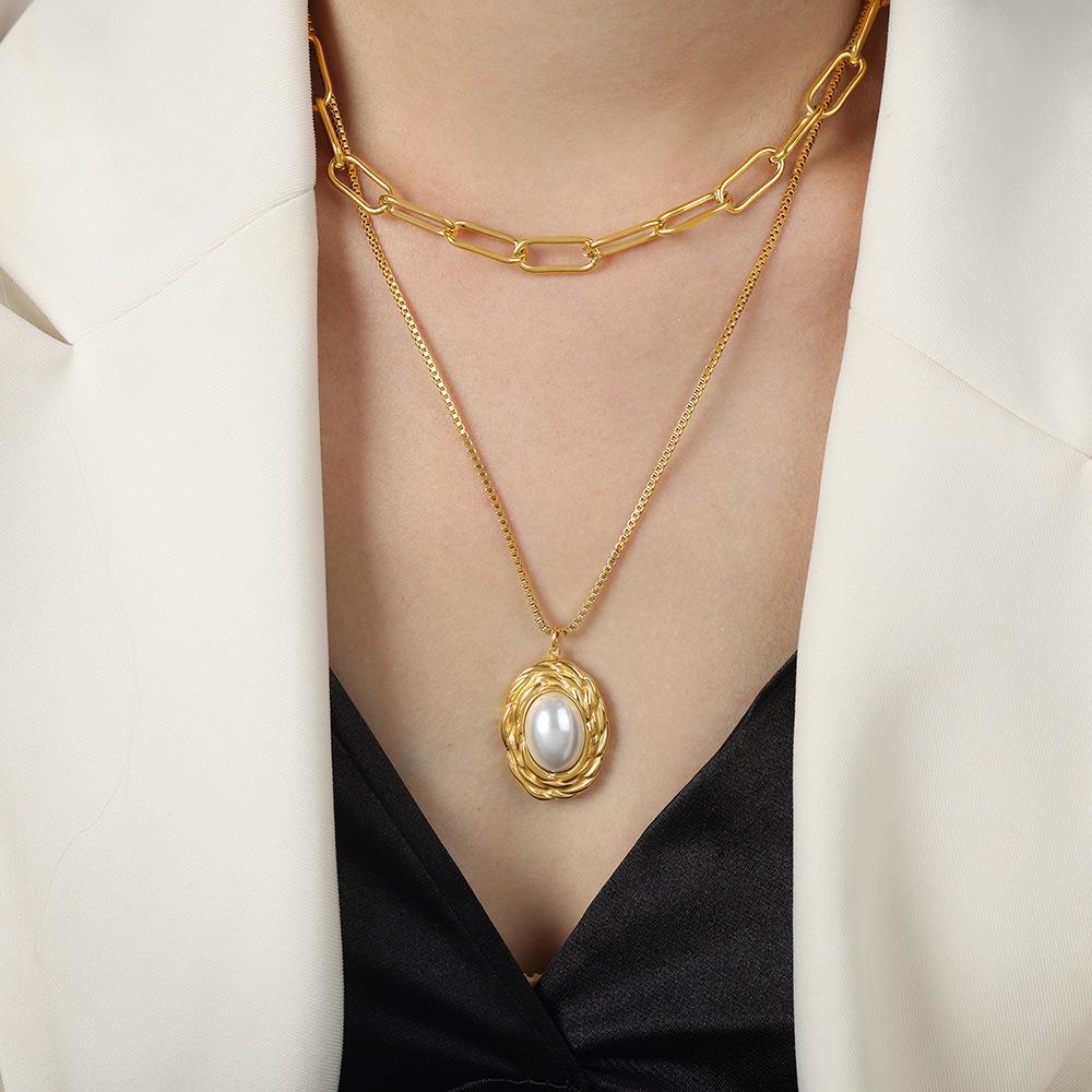 Vintage Gold-Plated Titanium Double Layer Necklace with Pearl Pendant