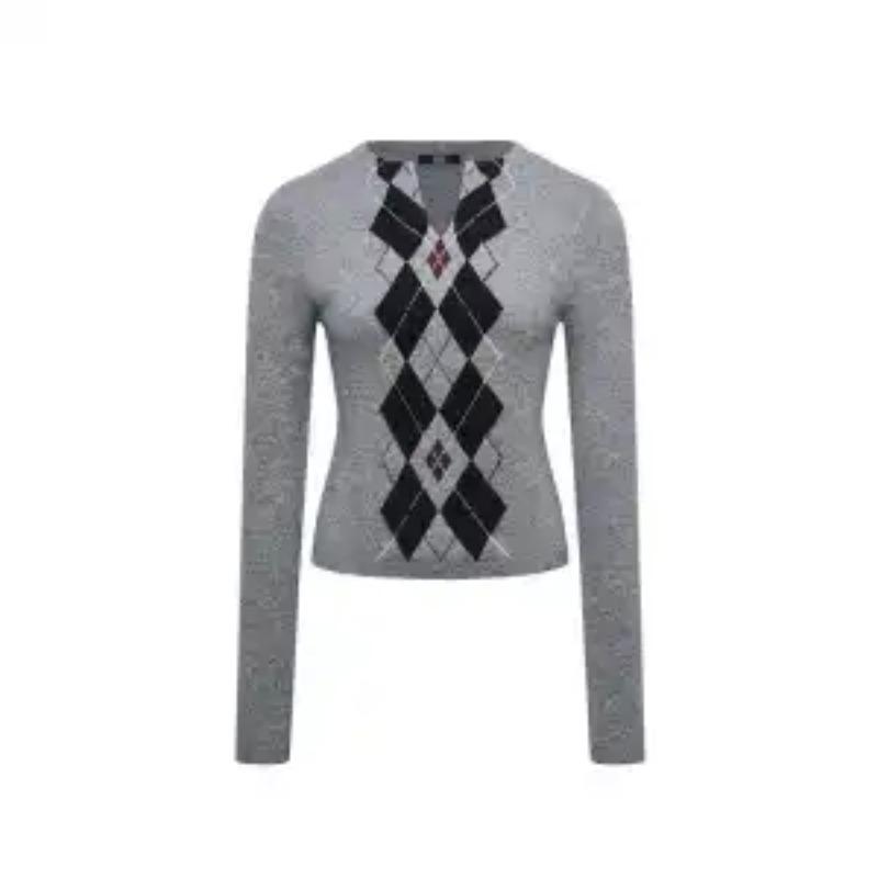 

Long-sleeved Pullover Contrasting Color Fashion Casual Diamond Check Retro Small V-neck Sweater Top S серый