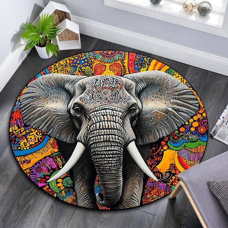 Elephant Mandala Round Area Rug,Carpet Rug for Living Room Bedroom Sofa Playroom Decor,Non-slip Floor Mat
