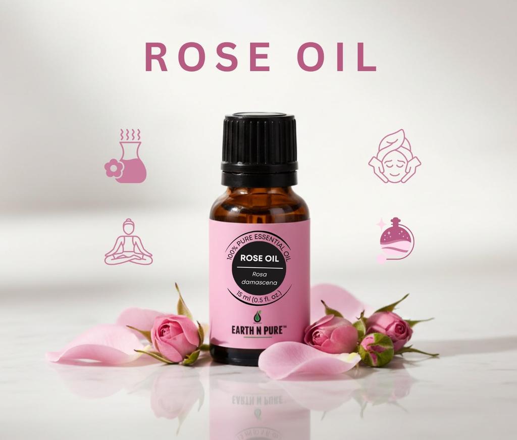 Earth N Pure Rose (Gulab Oil) Essential Oil Natural and Therapeutic Grade with Glass Dropper 15 Ml