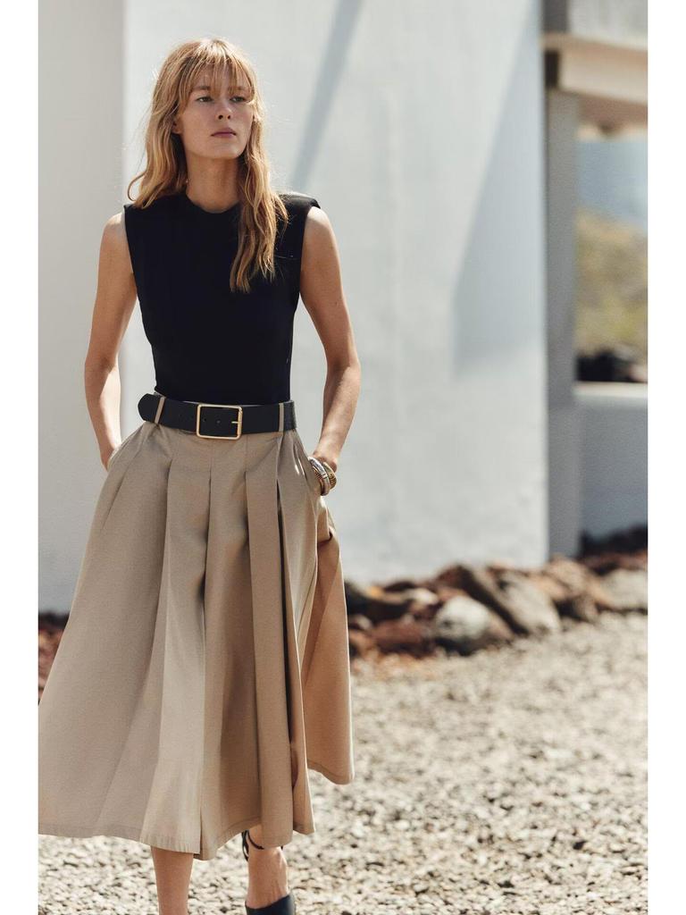 2025 Spring/Summer Padded Shoulder Patchwork Sleeveless Belted Crew Neck Dress