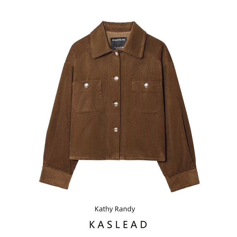 Kaslead New Women Clothes Western Style Corduroy Large Profile Long Sleeve Lapel Pocket Outerwear 129746