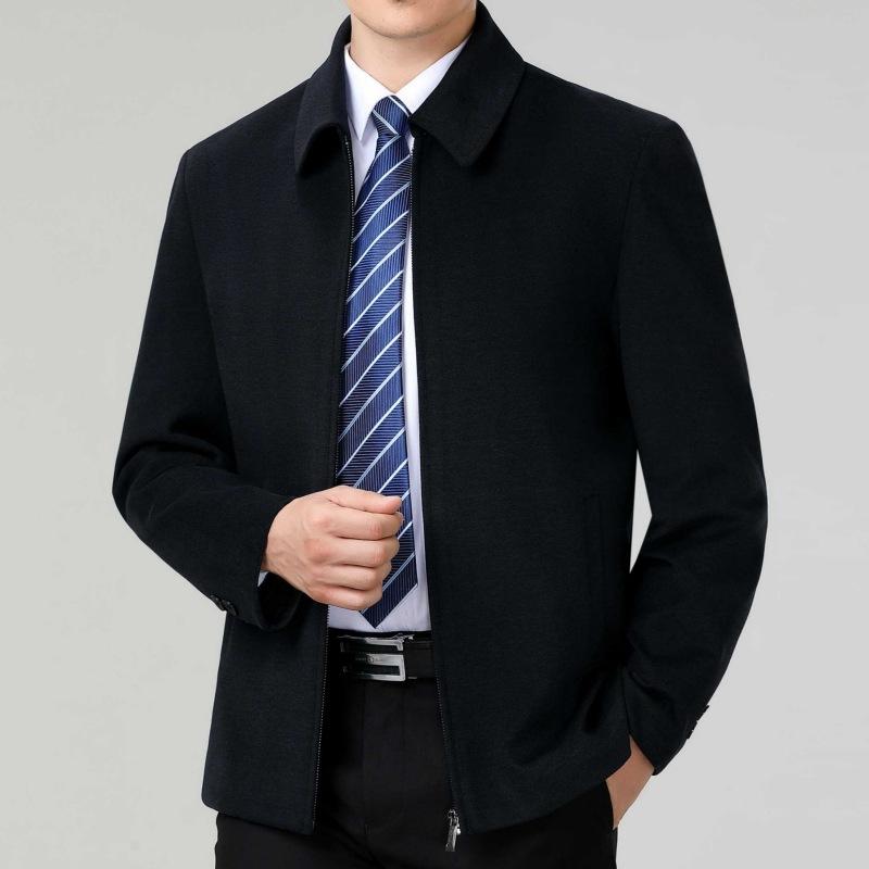 Wool Jacket Men's Autumn and Winter Wool Solid Color Lapel Top Middle-aged and Elderly Dad Casual Leader Cadre Jacket