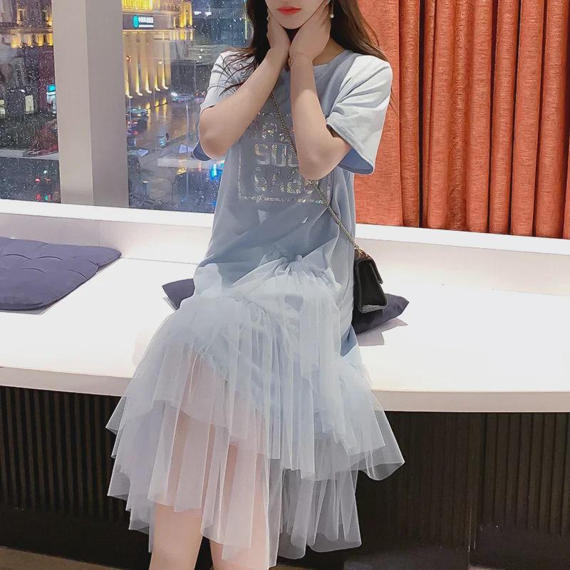2025 Trendy Summer Mesh Letter T-shirt Dress with Puffy Fairy Skirt