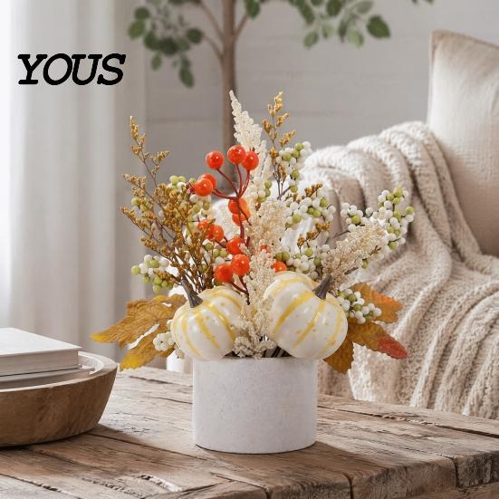 Small Potted Plant for Fireplace Fall Pumpkin Flower Arrangement, Artificial Maple Berry Halloween Indoor Decoration Thanksgiving, Harvest Home