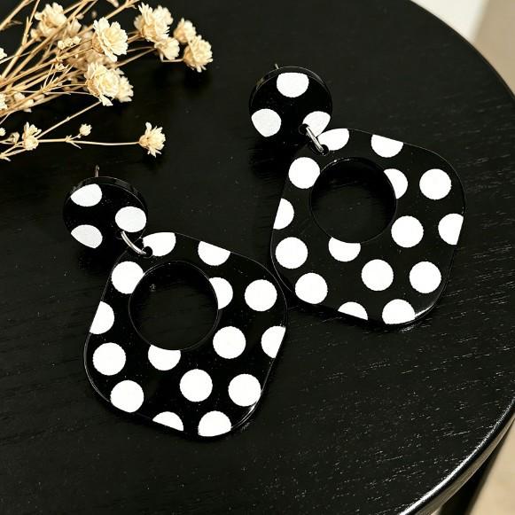 Black & White Polka Dot Square Acrylic Earrings - Stylish, Unique Studs for Women