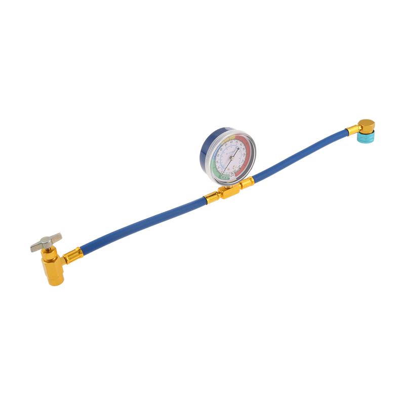 R1234yf Refrigerant AC Recharge Hose with Gauge, 1/2” LH R1234YF Self-sealing Can Tap Valve & Low Side Quick Coupler 14mm 250PSI