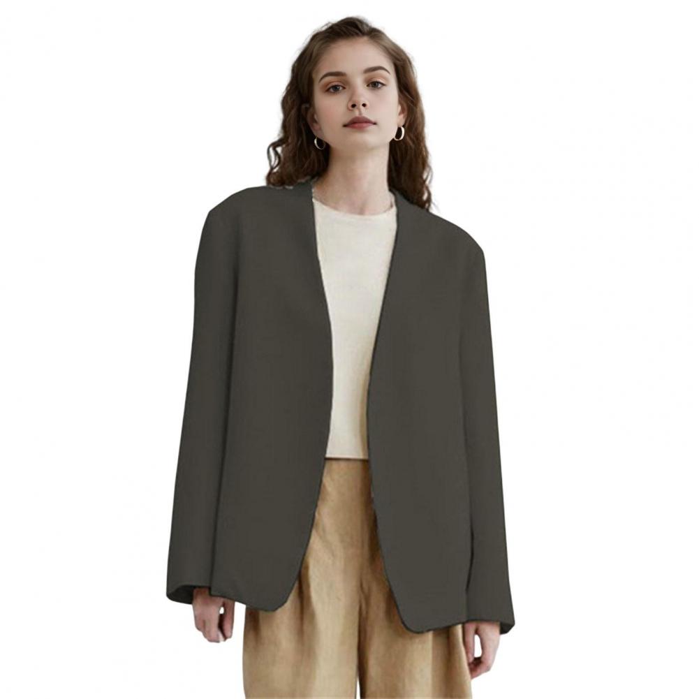 

Women Suit Coat Collarless Long Sleeve Open Front Suit Jacket Solid Color Loose Fit Business Cardigan Office Formal Coat S темно-сірий