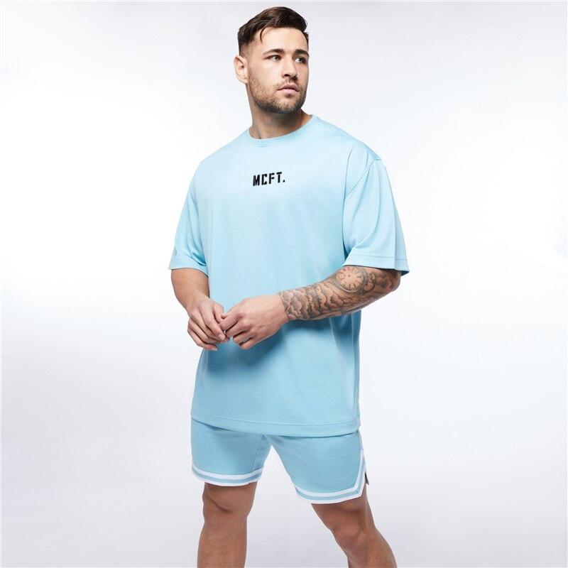 Muscleguys Tricou cu uscare rapidă de vară, imprimare simplă, cu gât rotund, mânecă scurtă, fitness bărbat