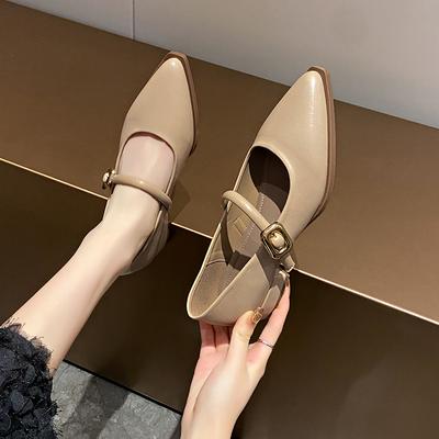 Mary Jane Thick-heeled Single Shoes Women's 2025 New Pointed Soft Leather One-word Belt Inner Height-increasing High Heels
