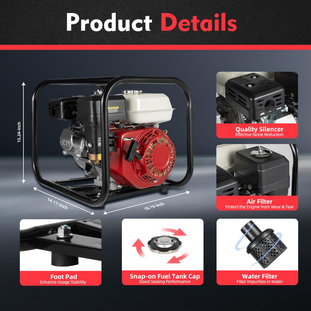 Gas-Powered 2-Inch 6.5HP 4-Stroke Gas Water Semi Trash Pump Gas-Power Water Irrigation Transfer Pump