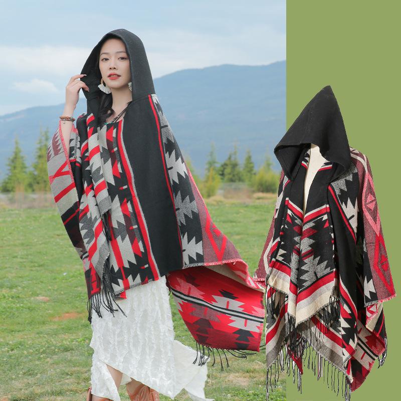 Autumn Winter Elegant Retro Print Scarf Women Layers Poncho Warm Tassels Scarve Capa Para Mujer Pashmina Cloak Wrap Shawl