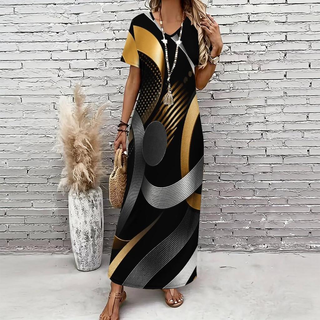 Women Plus Size V Neck Short Sleeve Black Blue Printed Straight Long Dress