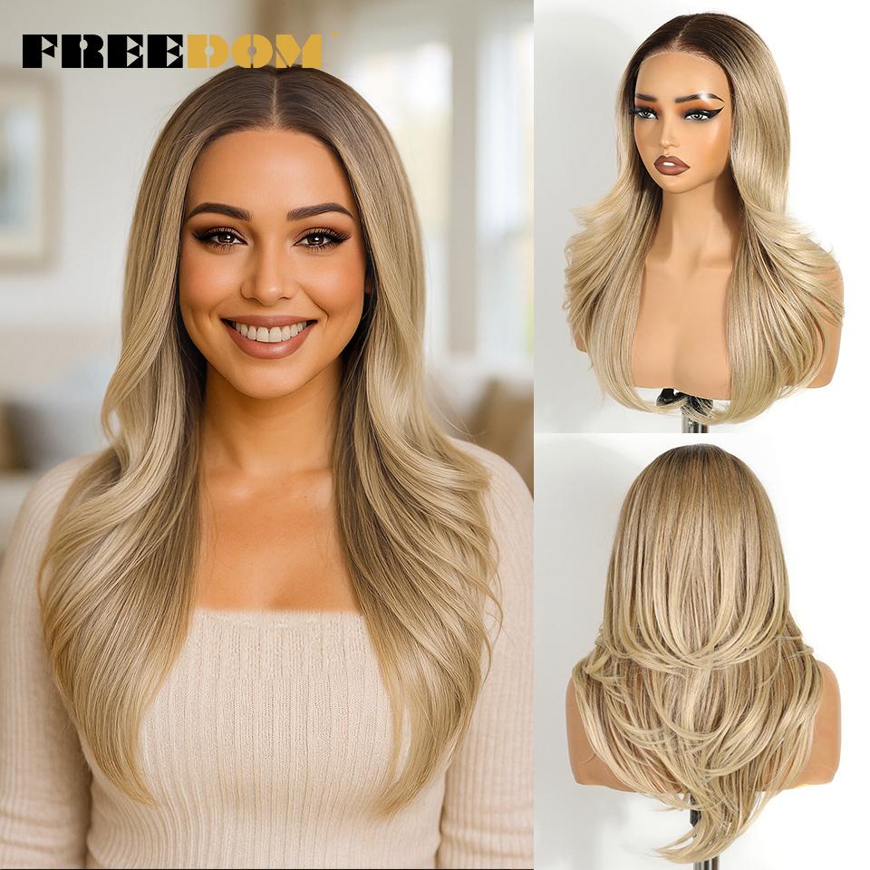 FREEDOM Synthetic Lace Front Wigs For Women 20" Ombre Blonde Wavy 6X4 Pre Plucked Wear And Go Glueless Pre-cut Layered Lace Wigs