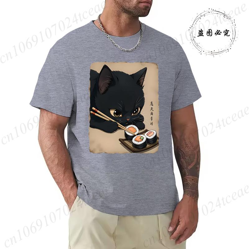 T Shirt for Men Black Cat Sushi Printed Men Fashion Style Design Clothing Anime Cat Cartoon Men TShirt Casual Tees Short Sleeve