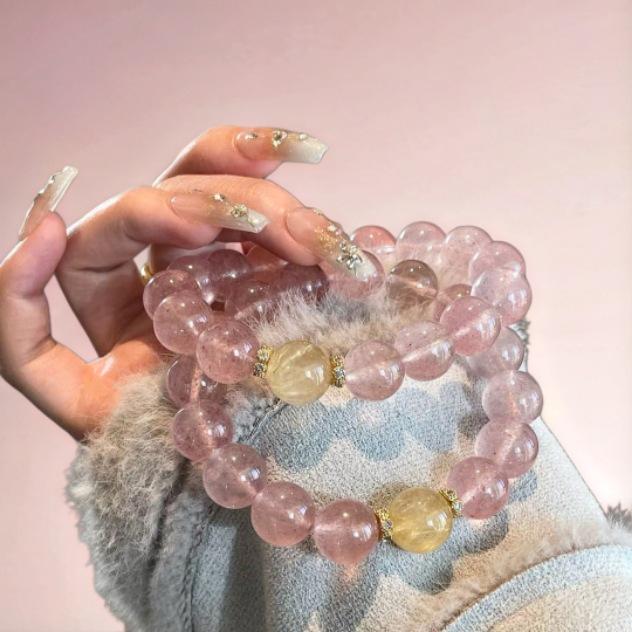 Damen High-End Erdbeerquarz & Goldener Rutilquarz Kristallarmband