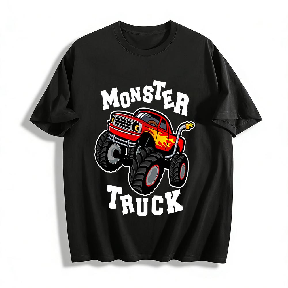 

Kids Flame Monster Truck Print Casual Short Sleeve Top Pure cotton T-shirt 6XL