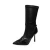 Fashion 11CM Super High Heel Black Women Mid-calf Boots Autumn Leather Buckle Ladies Elegant Pointed Toe Short Botas Zapatos De Mujer