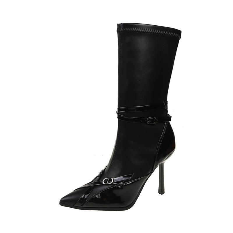 Fashion 11CM Super High Heel Black Women Mid-calf Boots Autumn Leather Buckle Ladies Elegant Pointed Toe Short Botas Zapatos De Mujer