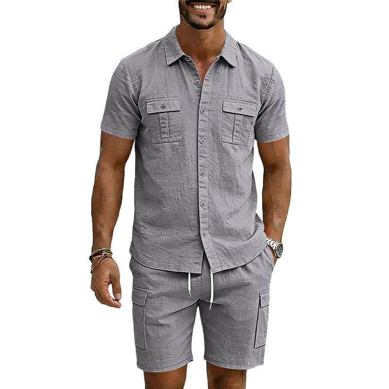 Casual Solid Color Linen Two Piece Sets Mens 2026 Spring Summer Fashion Short Sleeve Shirts and Shorts Outfits Men Linen Suits