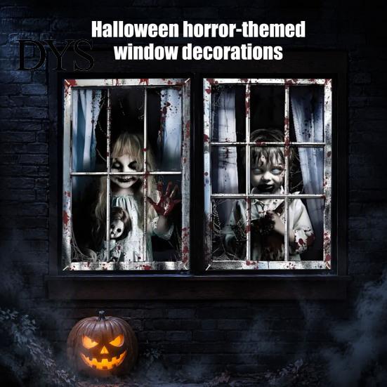 Festive Scene Layout 2Pcs Halloween Horror Window Clings, 80x120cm Spooky Ghost Skeleton Decorative Balcony Stickers Decal for Glass, Haunted