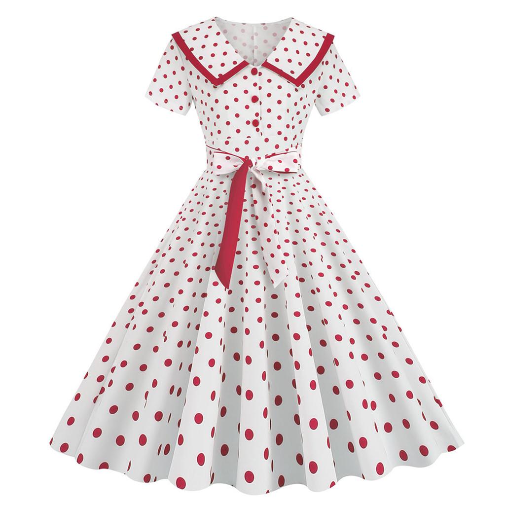 

Women s Fashion Lapel Vintage Polka Dot Print Maxi Dress with Belt S червоний
