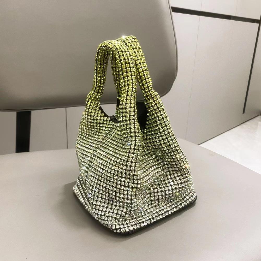 Fashion Rhinestone Small Bucket Bag for Women Sling Shoulder Crossbody Bag with Diagonal Chain Stylish Ladies Handbag