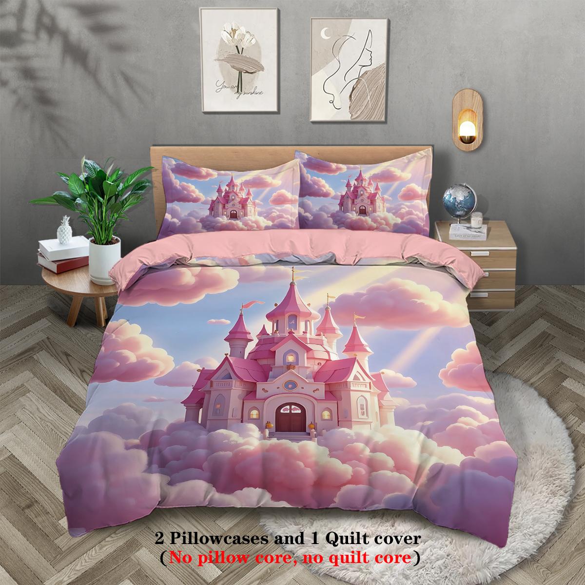 

3pcs Pink Castle in The Sky Pattern Print Duvet Cover Set, Soft,comfortable and Breathable,for Bedroom,Hotel,Best Gift for Girls 135x200cm-EU-Single