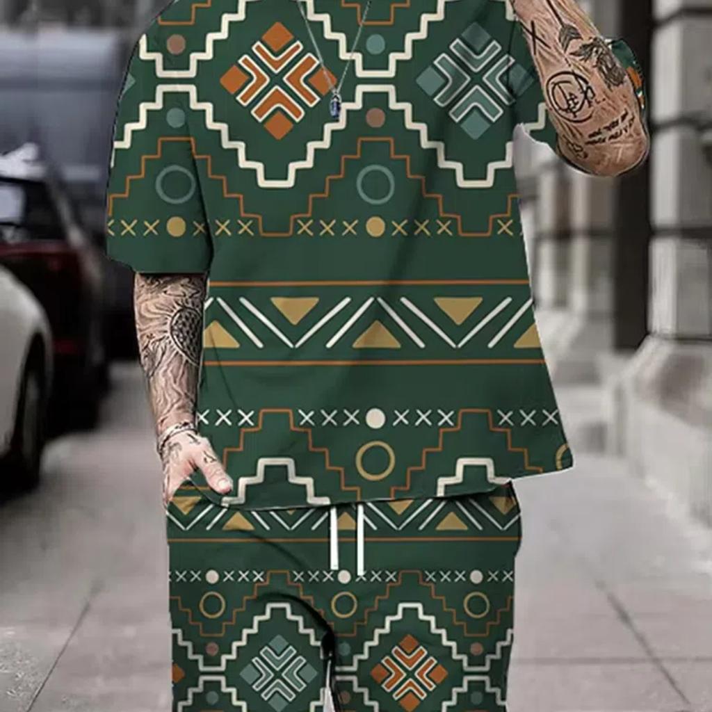 Summer Men's Short Sleeve Shorts Set Street Everyday Casual Men's T-Shirt Outdoor Fashion Loose Shorts Bohemian Print