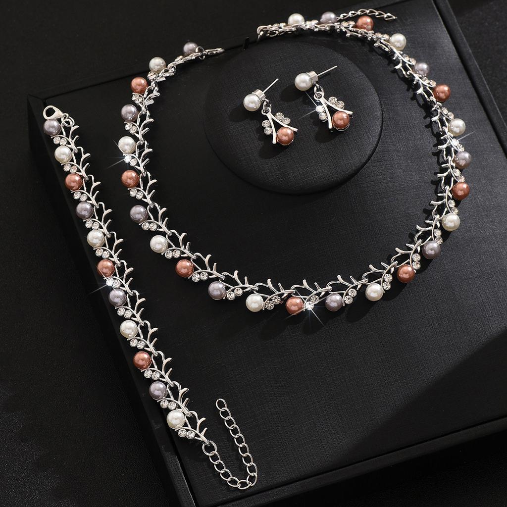 Pearl Earrings Necklace Bracelet Three-Piece Women'S Jewelry Set Dress Accessories