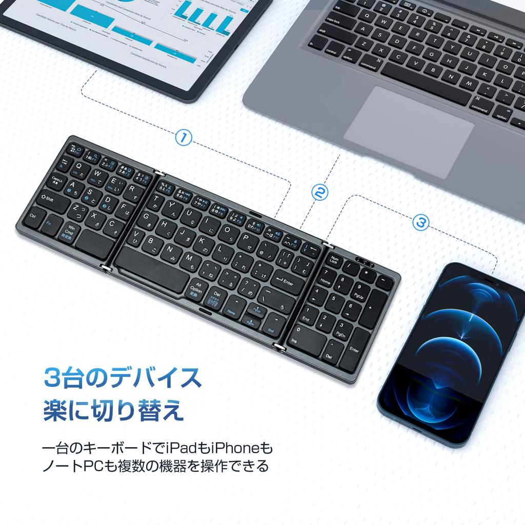 Ewin Original Wireless Folding Bluetooth Keyboard with Numeric Keypad, Japanese Layout, Kana Input, 3-Device Registration, One-Touch Switching,