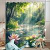 Serene Sunlit Forest Pond Shower Curtain Lotus Flowers Green Foliage Clear Water Polyester Washable With Hooks Bathroom Decor
