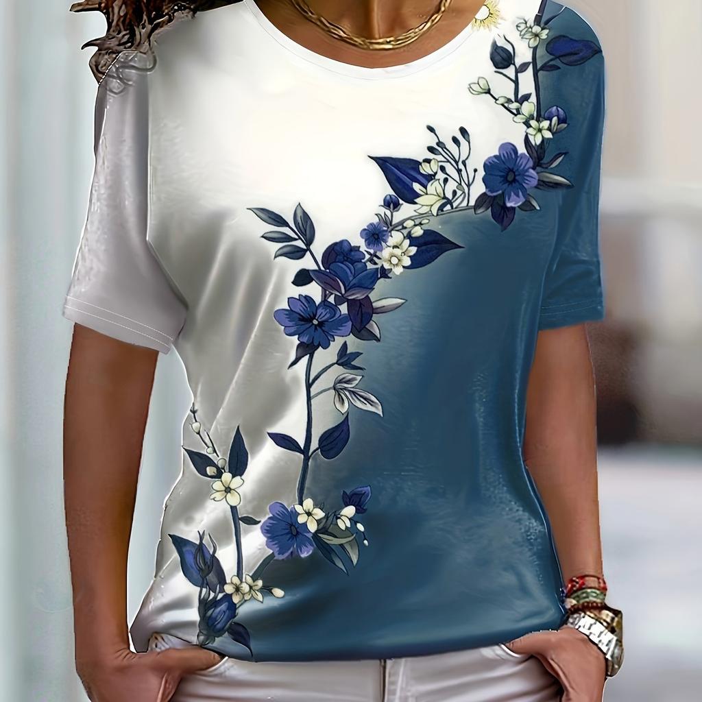 Elegant and Fashionable Colorful Rose Print Round Neck Ladies T-shirt Summer All-match Refreshing T-shirt