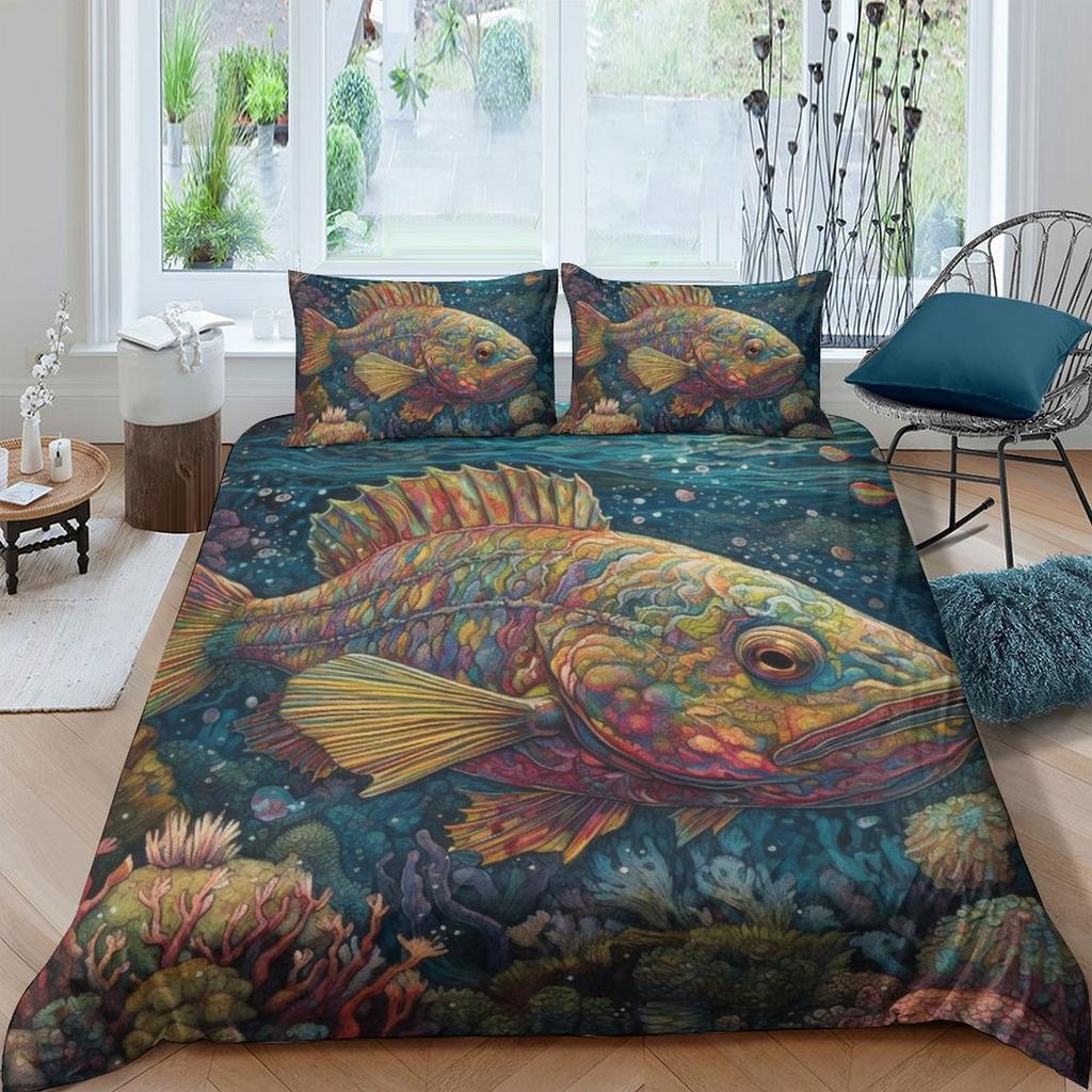 Colorful Fish 3D Digital Printing Polyester Quilt Cover Two Or Three Pieces Can Be