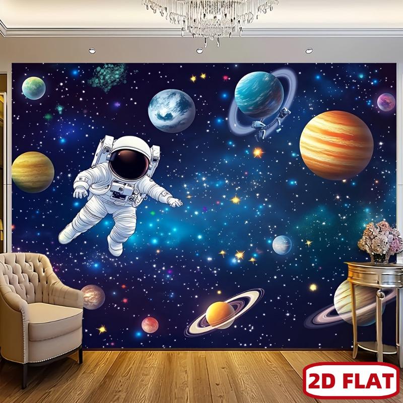 2D Flat 1pc Galaxy Space Theme Polyester Background Banner - Astronaut and Rocket Design  Birthday Party Decoration