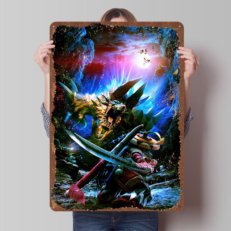 MMonster Hunter Tinplate Posters Custom Wall Art Vintage Metal Signs Retro Tin Plaque for Gaming Decoration Room Bar Accessories