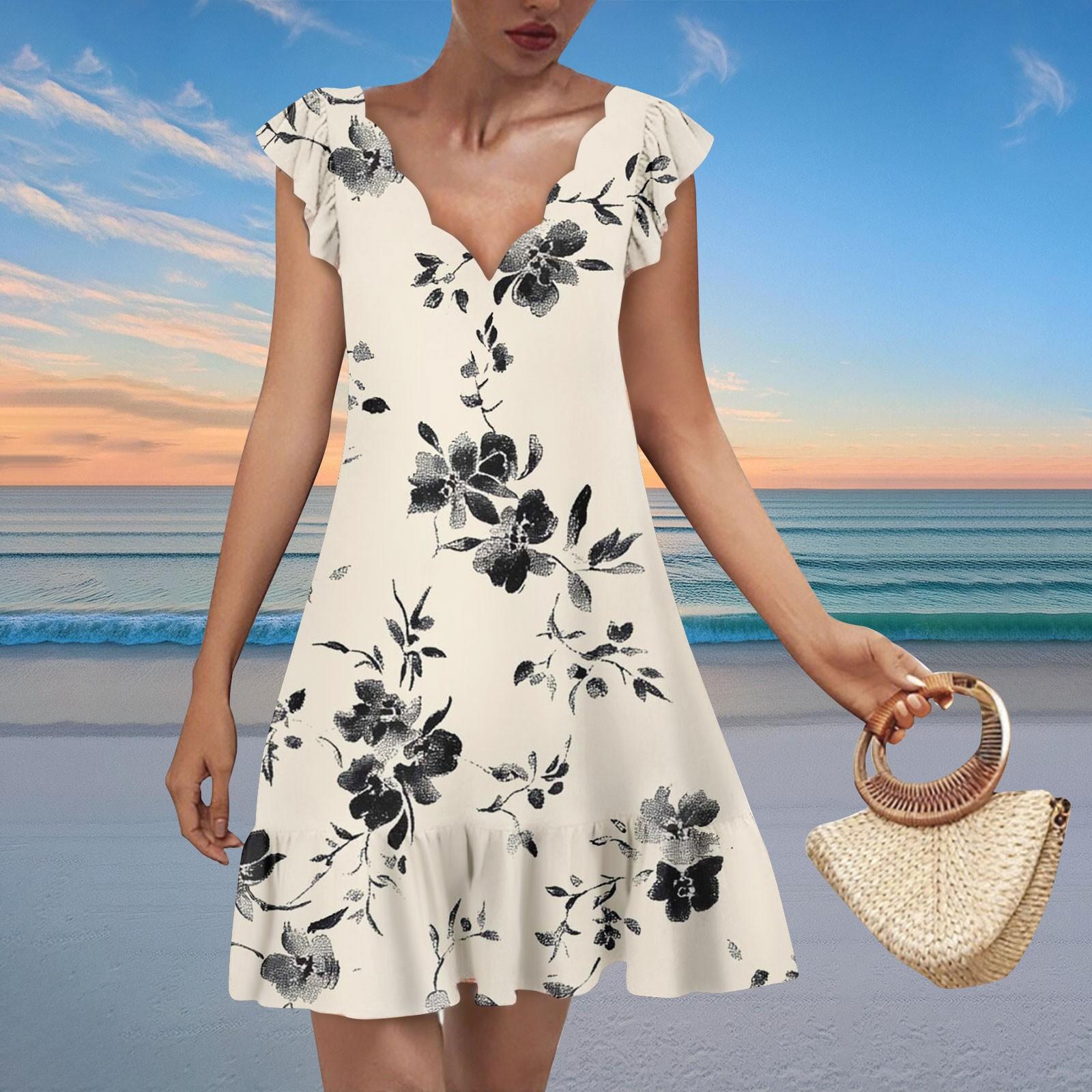 

Женское модное повседневное платье с V-образным вырезом и волнистым краем с цветочным принтом и коротким рукавом S бежевый